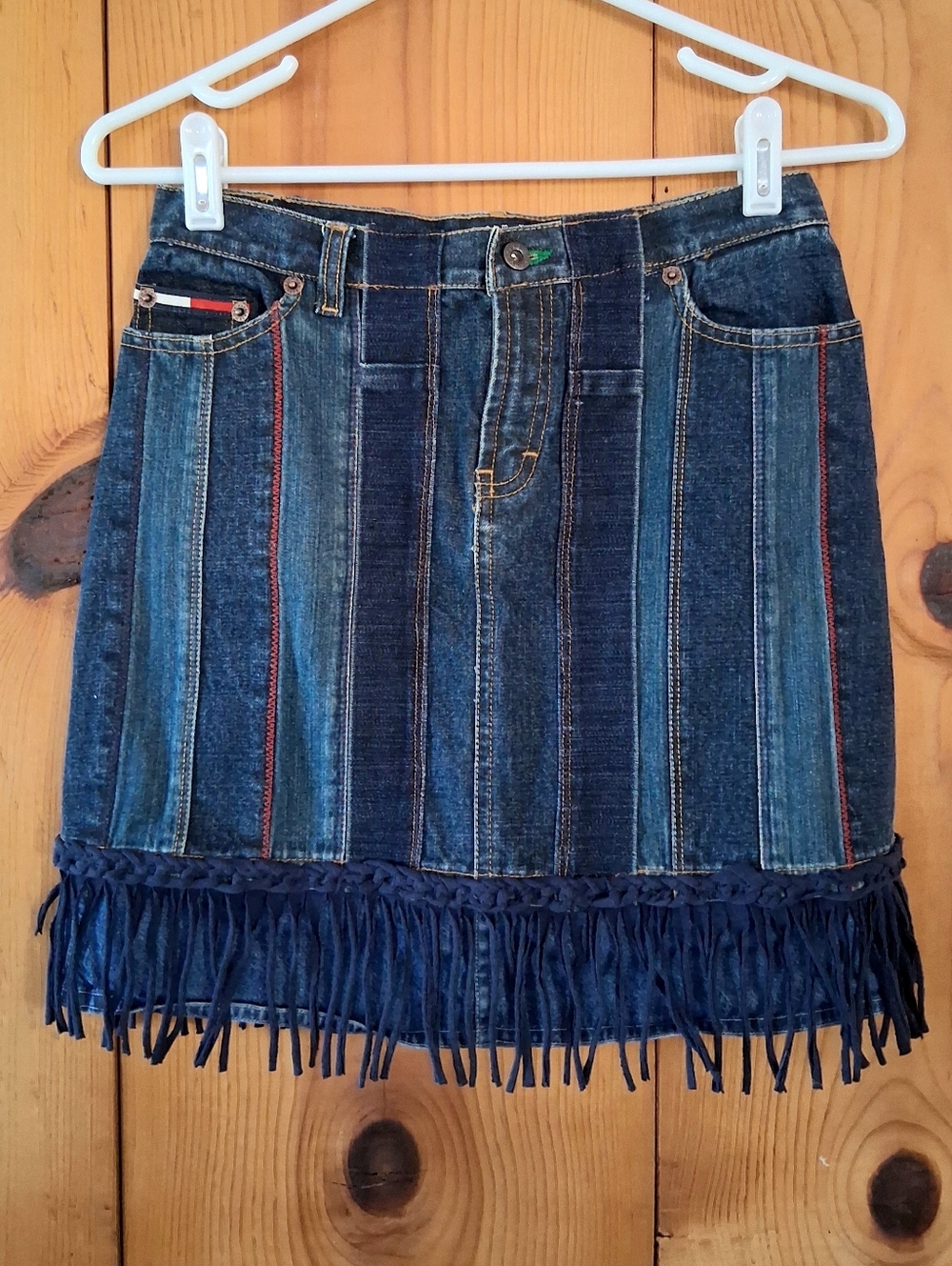 Tommy Hilfiger Blue Patchwork Denim Fringe Mini Skirt